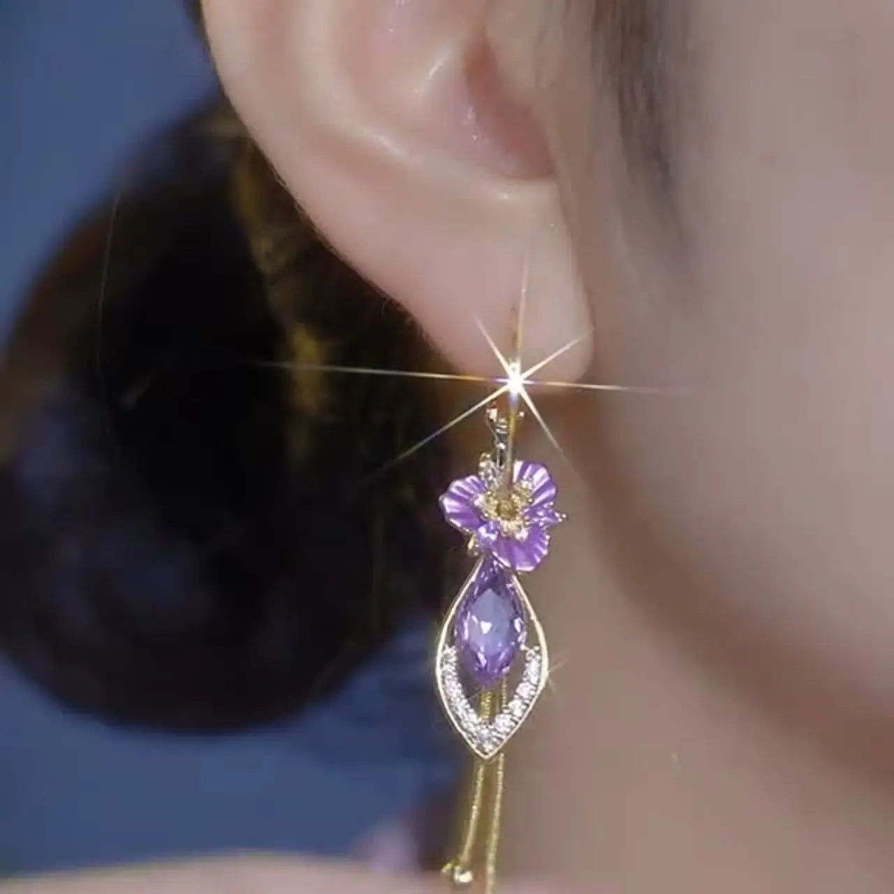 Purple Zircon Flower Tassel Earrings for Women, Elegant Luxury Dangle Jewelry – Unique Trendy Design HNEH0039