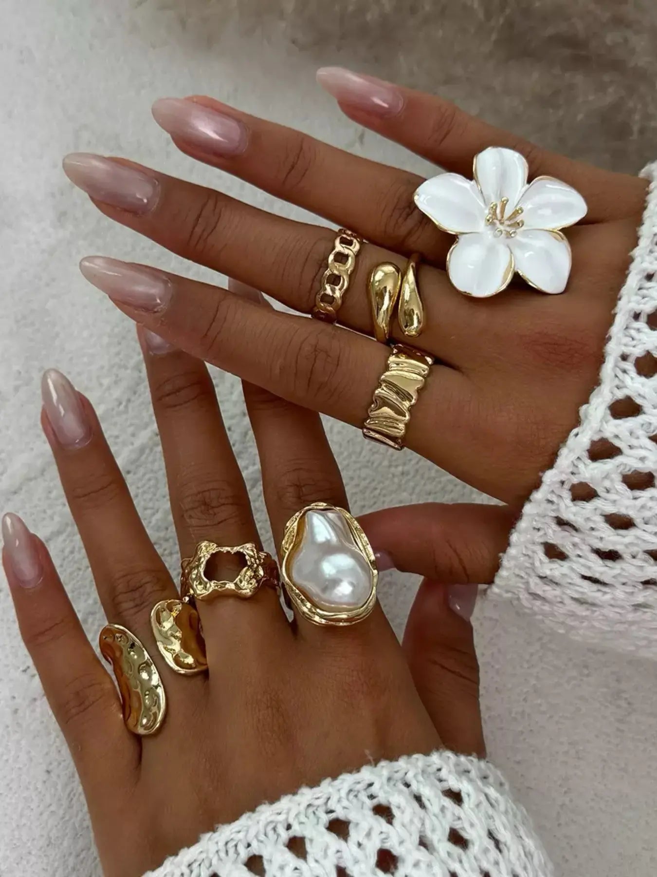 Mother's Day Gift Elegant Floral Imitation Pearl Ring Set, Zinc Alloy Wide Band Women's Rings, Statement Multi Ring, All-Season Jewelry Gift for Parties & Birthdays HNJZ0007