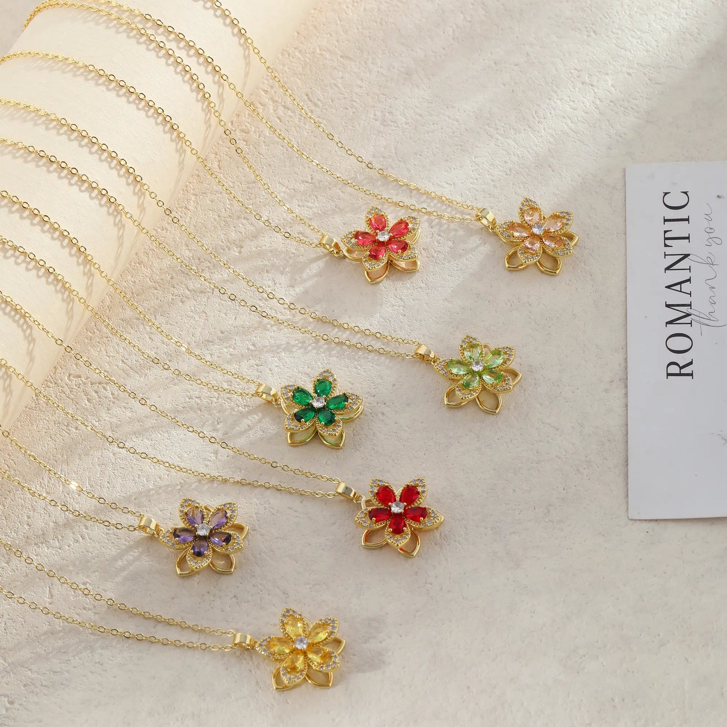 Birthstone Flower Necklace for Women 14K Gold Plated Dainty Decompression Necklace Rotatable Crystal Silver Blossom Pendant Necklaces Adjustable Spinning Fidget Necklaces Redbud Flower Choker Funny Summer Jewelry Gift for Women HNXL0023
