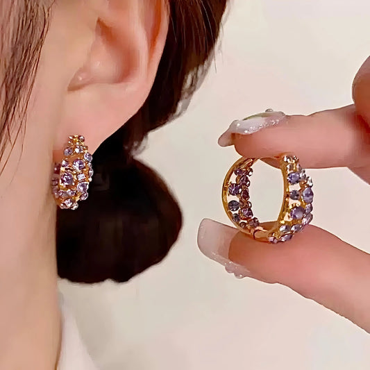 Purple Crystal Hoop Earrings 14K Gold Plated Rhinestone Ear Cuffs Sparkling Hoop Earrings Vintage Inspired Statement Jewelry, Elegant Earrings for Women HNEH0032