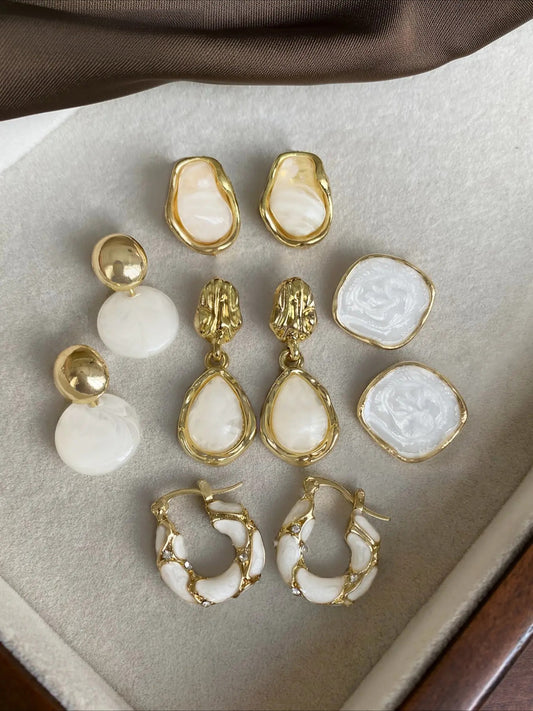 Vintage French Style White & Gold Earrings - Resin Inlaid Drop & Hoop Earrings, Elegant Earrings for Women, Daily & Party Jewelry HNEH0063