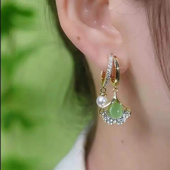Ginkgo Leaf Hoop Earrings 14K Gold Plated Retro Inspired Design, French Style Elegant Statement Jewelry Fashion Earrings for Women Crystal Accents HNEH0052
