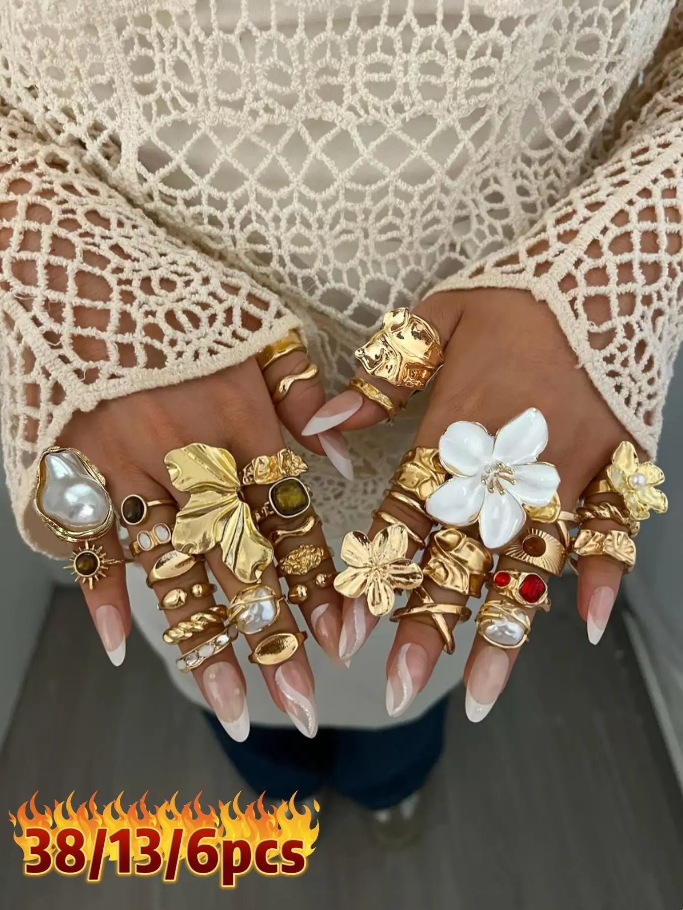 Mother's Day Gift Elegant Floral Imitation Pearl Ring Set, Zinc Alloy Wide Band Women's Rings, Statement Multi Ring, All-Season Jewelry Gift for Parties & Birthdays HNJZ0007