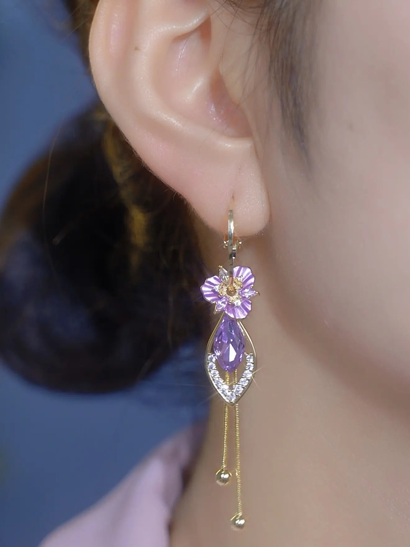 Purple Zircon Flower Tassel Earrings for Women, Elegant Luxury Dangle Jewelry – Unique Trendy Design HNEH0039