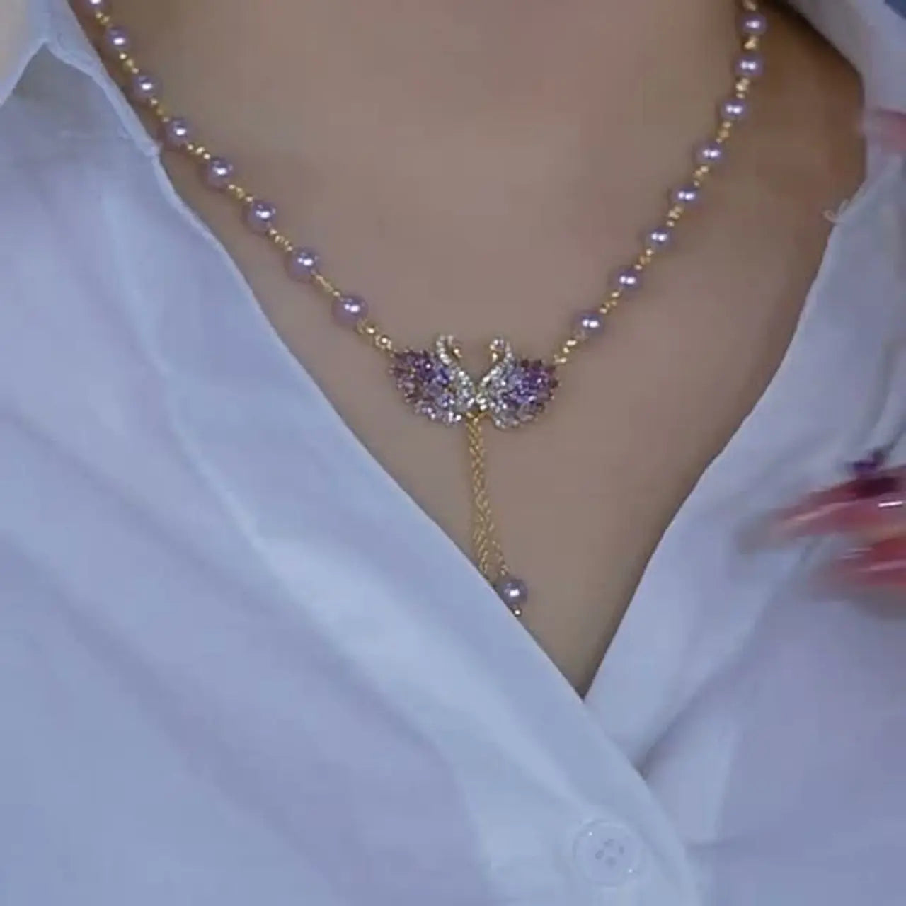 Luxury Purple Swan Necklace, Chic Minimalist Elegant Pendant, Fashion Statement Jewelry, Perfect Accessory for Cheongsam Dress Crystal Sparkling Collarbone Chain HNXL0001