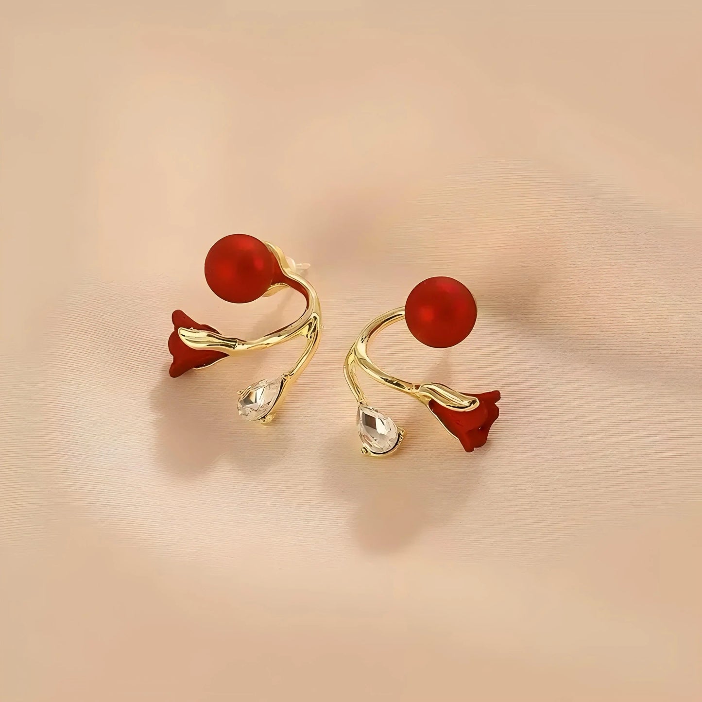 Red Flower Crystal Drop Earrings 14K Gold Plated Stud Earrings Rhinestone Floral Earrings Elegant Sparkling Earrings for Women Fashion Jewelry Gift HNEH0051
