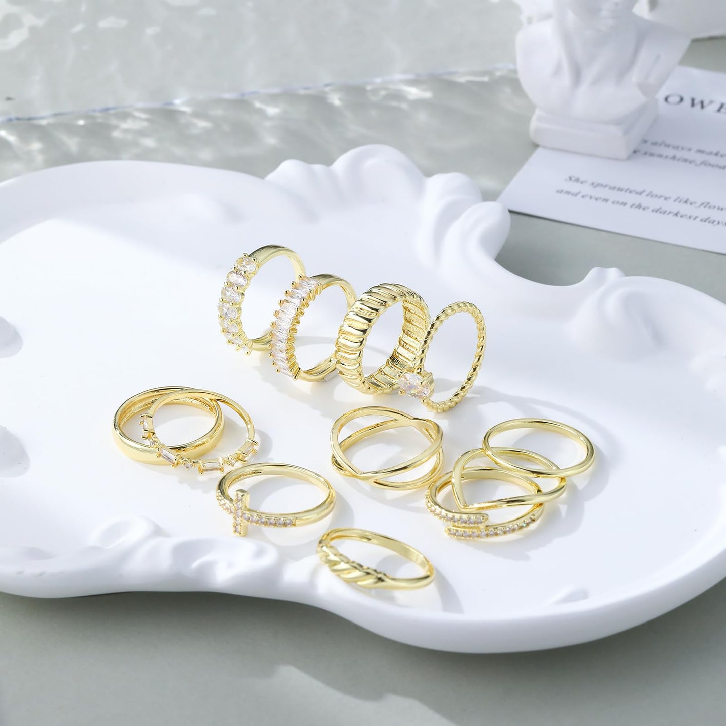 Gold-Tone 12-Piece Ring Set for Women: Versatile Mix & Match Styles with Zircon & Stripped Design - Chic Everyday Jewelry HNJZ0005