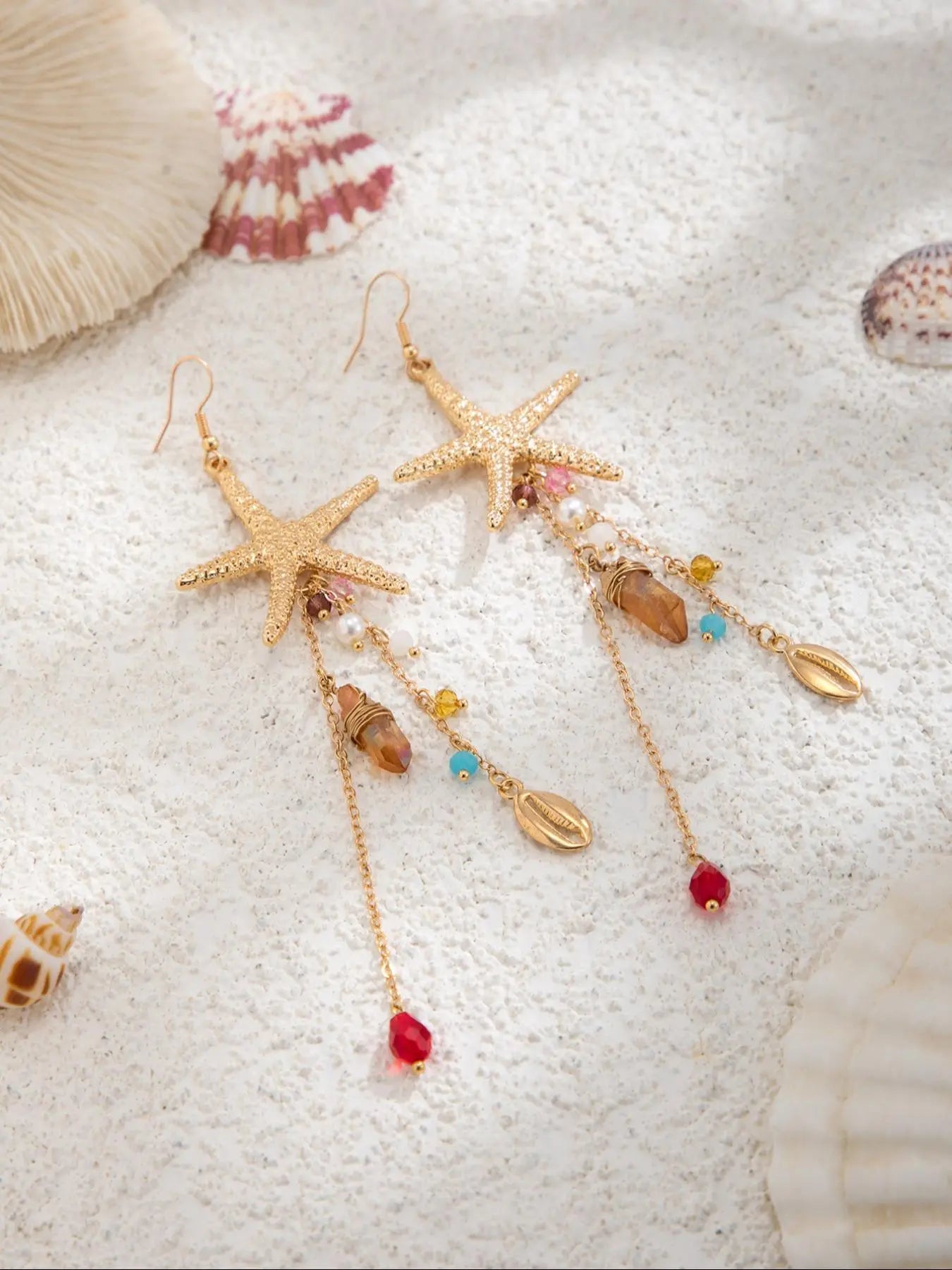 Women's Boho Style Alloy Statement Earrings, Ocean-Inspired Starfish Shell Design, Irregular Crystal Beaded Dangle Jewelry for Daily Wear & Vacation HNEH0012