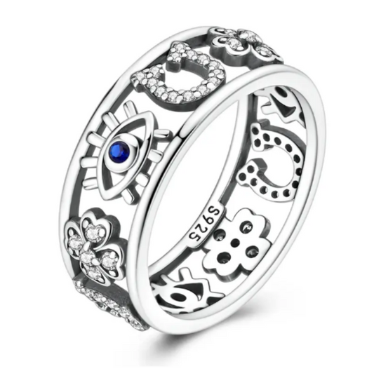 Silver-Plated Lucky Amulet Ring - Adorned with Evil Eye, 4-Leaf Clover, Horseshoe, Cubic Zirconia - Women's Costume Jewelry, Ideal Women's Gift HNJZ0024