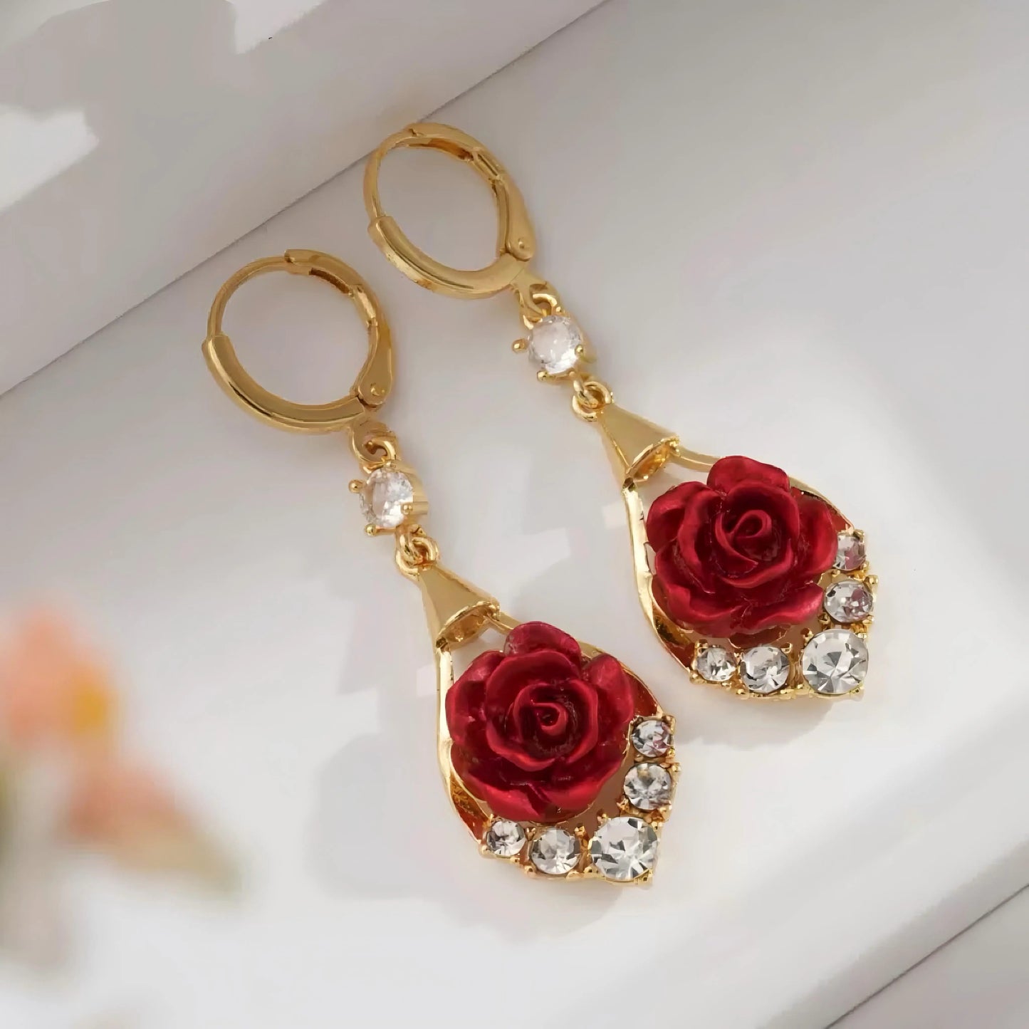 Rose Drop Earrings 14K Gold Plated Sparkling Crystal Tassel Design, Chic Elegant Fashion Jewelry Water Drop Earrings for Women HNEH0028