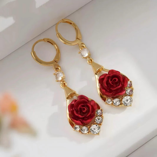 Rose Drop Earrings 14K Gold Plated Sparkling Crystal Tassel Design, Chic Elegant Fashion Jewelry Water Drop Earrings for Women HNEH0028