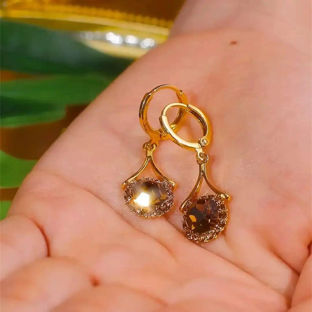 Caramel Water Drop Earrings 14K Gold Plated Round Hoop Design, Chic Fashion Jewelry Anti-Loss Secure Style Earrings New Trend Rhinestones Luxurious HNEH0043