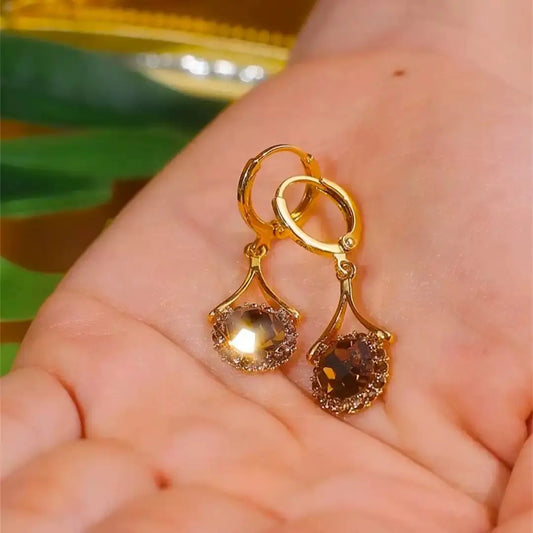 Caramel Water Drop Earrings 14K Gold Plated Round Hoop Design, Chic Fashion Jewelry Anti-Loss Secure Style Earrings New Trend Rhinestones Luxurious HNEH0043