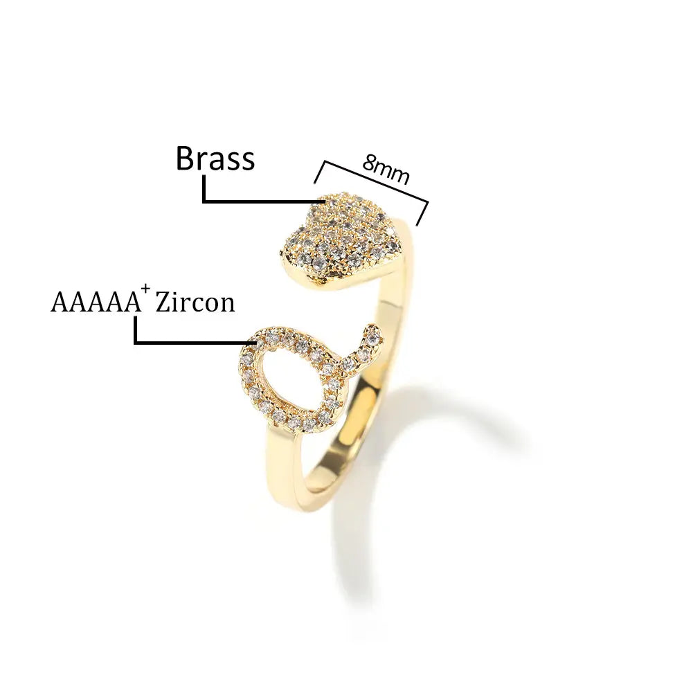 Initial Ring for Women, 14k Gold Plate Heart&Letter Rings Open Adjustable Trendy Rings Jewelry Gifts Size 6-10 HNJZ0031