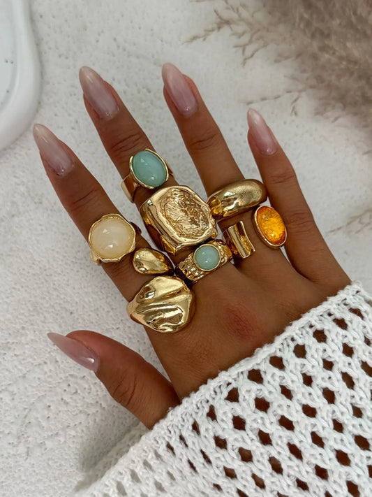 7 Pieces Women's Vintage Fashion Geometric Design Ring Set, Bold Metal Rings, Perfect for Daily Wear & Party, Jewelry Gifts HNJZ0032