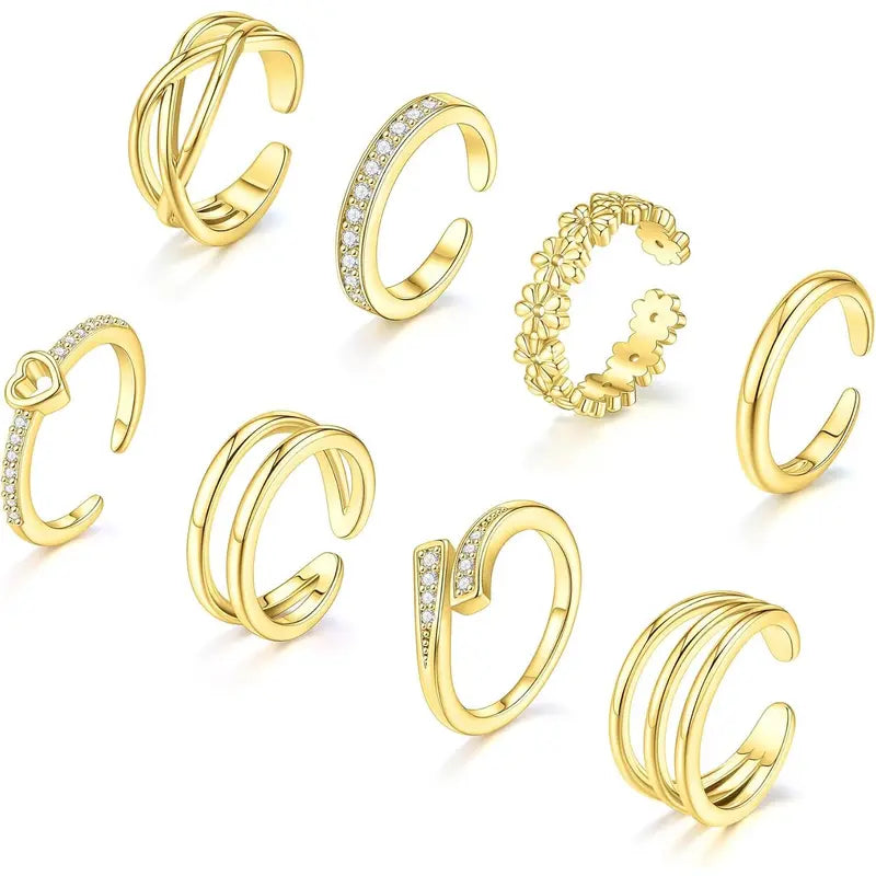 8 Pcs Toe Rings for Women Gold Silver Simple Open Adjustable Band Toe Rings Set Beach Foot Jewelry for Summer Gold Plated Copper Hypoallergenic Stackable Rings, Toe Ring Stackable, Gold Plated Toe Rings HNJZ0003