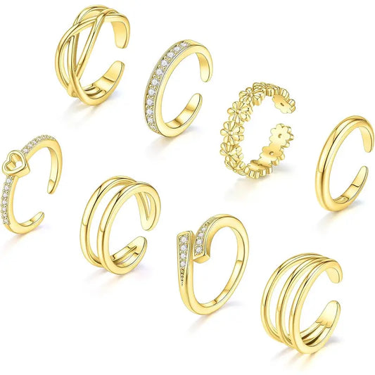 8 Pcs Toe Rings for Women Gold Silver Simple Open Adjustable Band Toe Rings Set Beach Foot Jewelry for Summer Gold Plated Copper Hypoallergenic Stackable Rings, Toe Ring Stackable, Gold Plated Toe Rings HNJZ0003