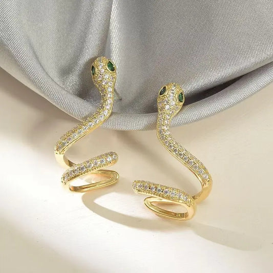 Snake Shape Ear Cuff Earrings 14K Gold Plated Micro-Pave Zircon Design, Chic Minimalist Fashion Jewelry Statement Earrings for Women HNEH0036