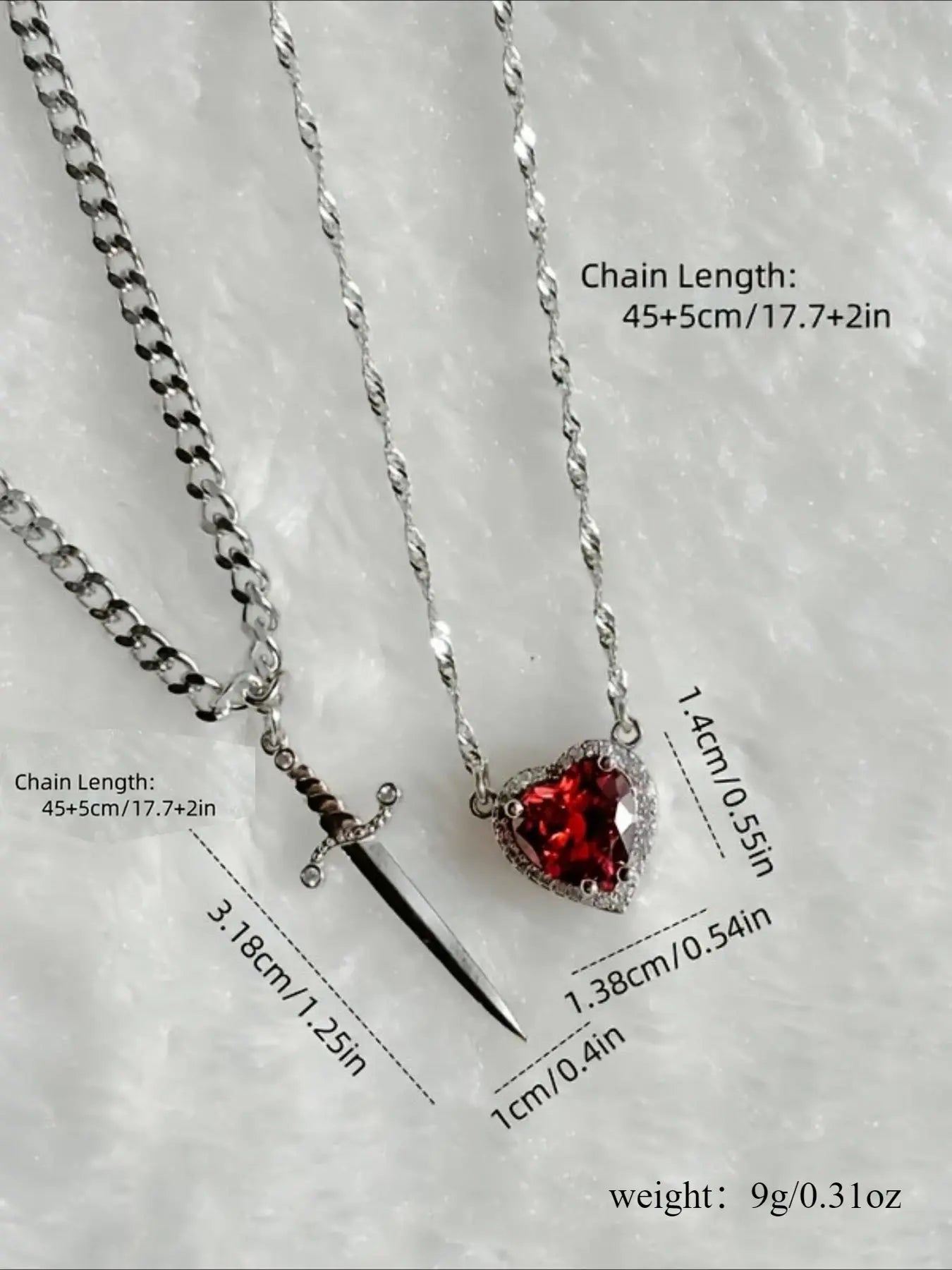 2pcs Heart and Sword Necklace Set, Love Heart Necklace, Unique Couple's Jewelry, Silver Color, Durable Fashion Accessory, Perfect for Weddings & Parties, Includes Rose Box HNXL0015