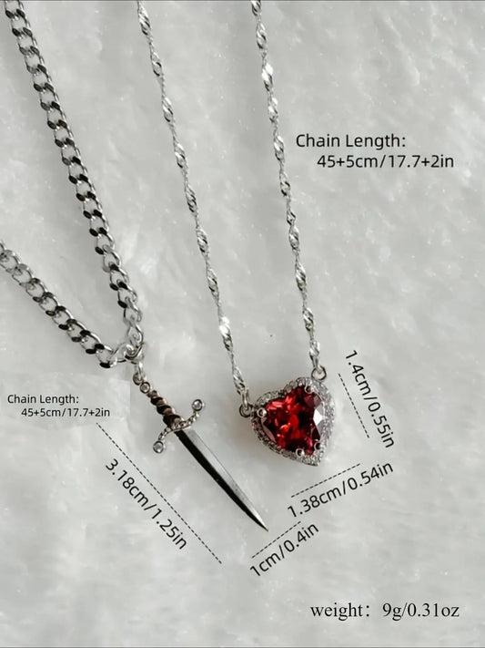 2pcs Heart and Sword Necklace Set, Love Heart Necklace, Unique Couple's Jewelry, Silver Color, Durable Fashion Accessory, Perfect for Weddings & Parties, Includes Rose Box HNXL0015