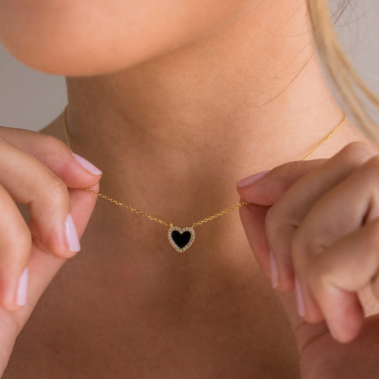 Pavé-set onyx heart necklace - exquisite 18K gold-plated pendant necklace - black cubic zirconia heart necklace - graduation gift HNXL0021