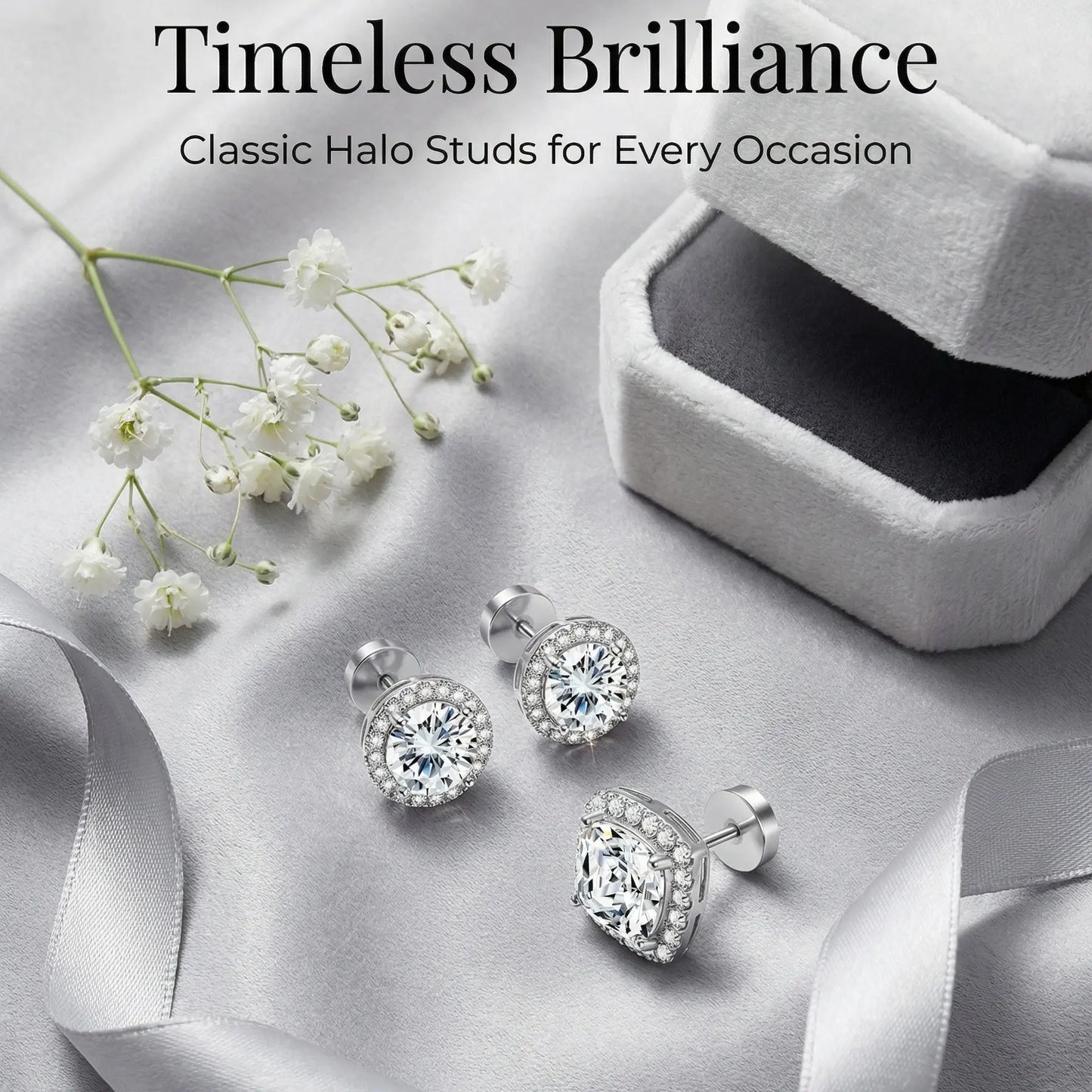 Women's Luxury Halo Zircon Stud Earrings 4-Piece Set - Gold, Silver Round/Square Styles, Low-Sensitivity Copper-Plated Metal Coating, Comfortable Daily Wear, Includes Jewelry Box, Boujee Gifts for Women HNEH0023