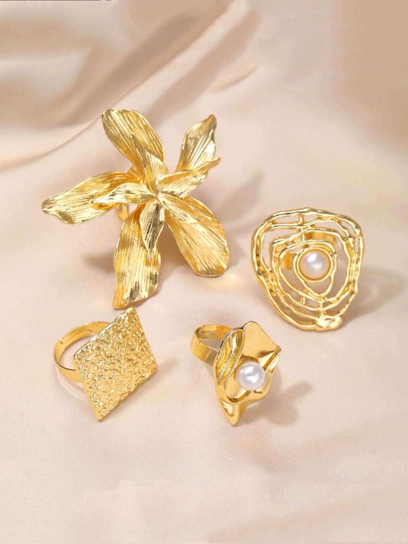 Mother's Day Gift Elegant Floral Imitation Pearl Ring Set, Zinc Alloy Wide Band Women's Rings, Statement Multi Ring, All-Season Jewelry Gift for Parties & Birthdays HNJZ0007