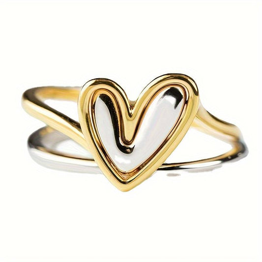 Minimalist Asymmetric Two-Tone Heart Ring for Women, Creative Stylish Casual Daily Accessory, Perfect Valentine's Day Gift HNJZ0013