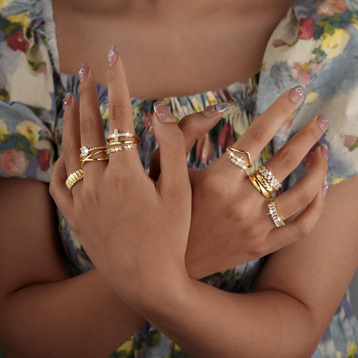 Gold-Tone 12-Piece Ring Set for Women: Versatile Mix & Match Styles with Zircon & Stripped Design - Chic Everyday Jewelry HNJZ0005
