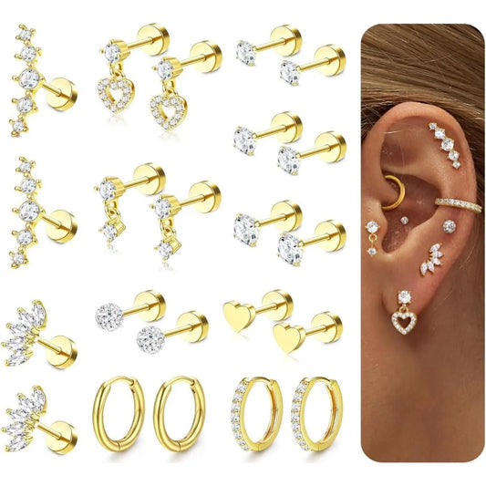 11pairs Flat Back Earrings Stack for Women Cartilage Earrings Stacks-20G Surgical Stainless Steel Flatback Hypoallergenic Stud Hoop Earring Set Daith Conch Tragus Helix Piercing Jewelry HNEH0018