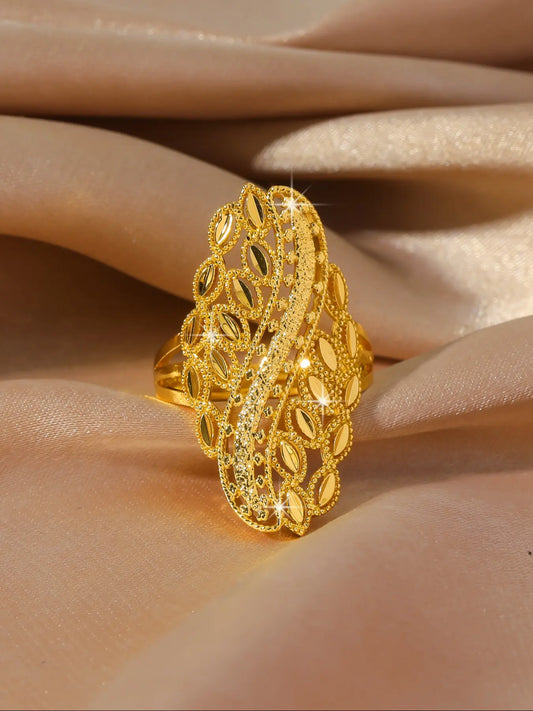 Gold Plated Copper Leaf Hollow Adjustable Ring, Middle Eastern Style Long Statement Ring for Women, Wedding Party Jewelry  HNJZ0058