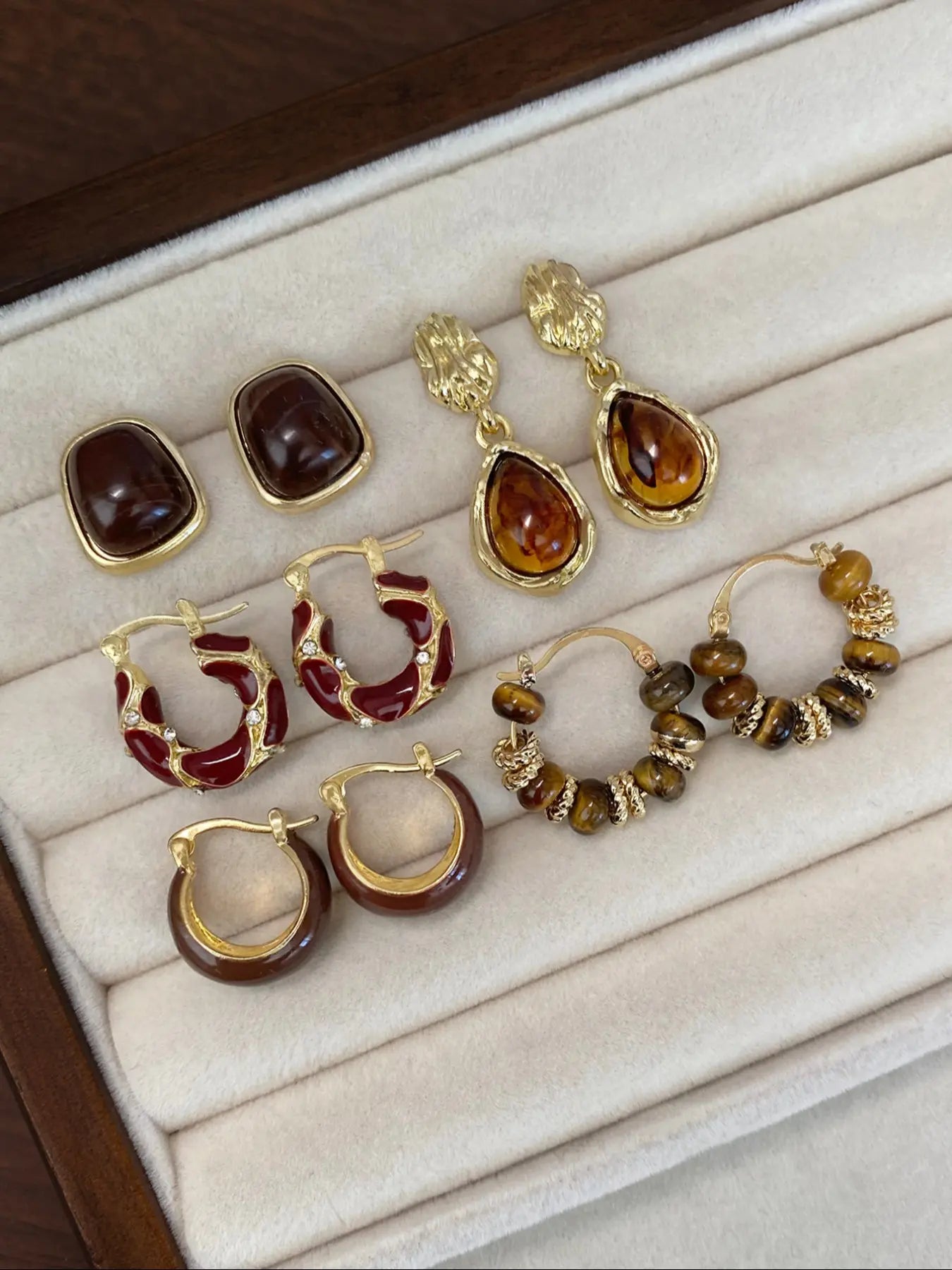 Brown Hoop Earrings - Synthetic Tiger Eye Beaded & Enamel Huggie Hoops, Vintage Earrings for Women, Daily & Party Jewelry HNEH0062