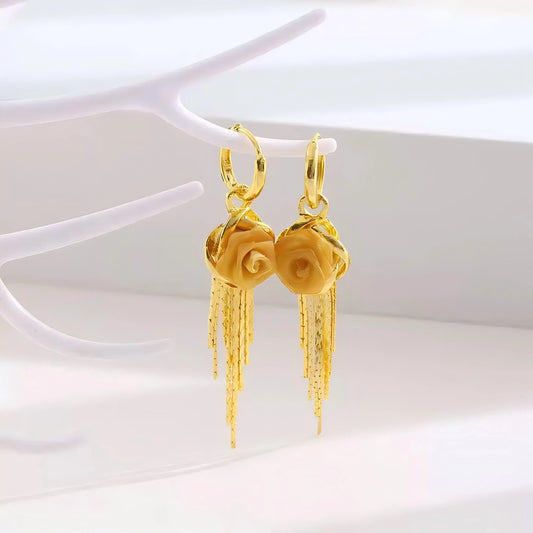 Rose Tassel Earrings 14K Gold Plated Long Drop Earrings French Style Floral Earrings Sparkling Chain Jewelry, Elegant Statement Earrings for Women HNEH0035