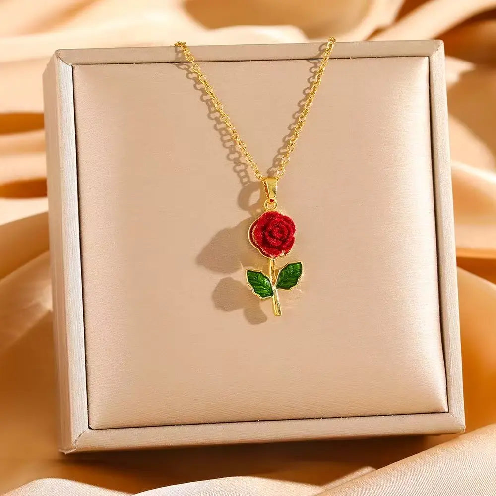 Rose Flower Full Diamond Light Luxury Elegant Necklace for Women, Versatile Clavicle Titanium Steel Chain HNXL0006