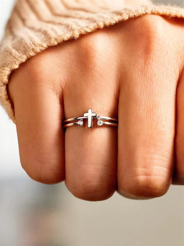 Fashion Rhinestone Decorated Cross Ring, Adjustable Rings, Fashion Jewelry for Party, Daily Decor, Trendy All-match & Exquisite Jewelry for Birthday Gift HNJZ0023