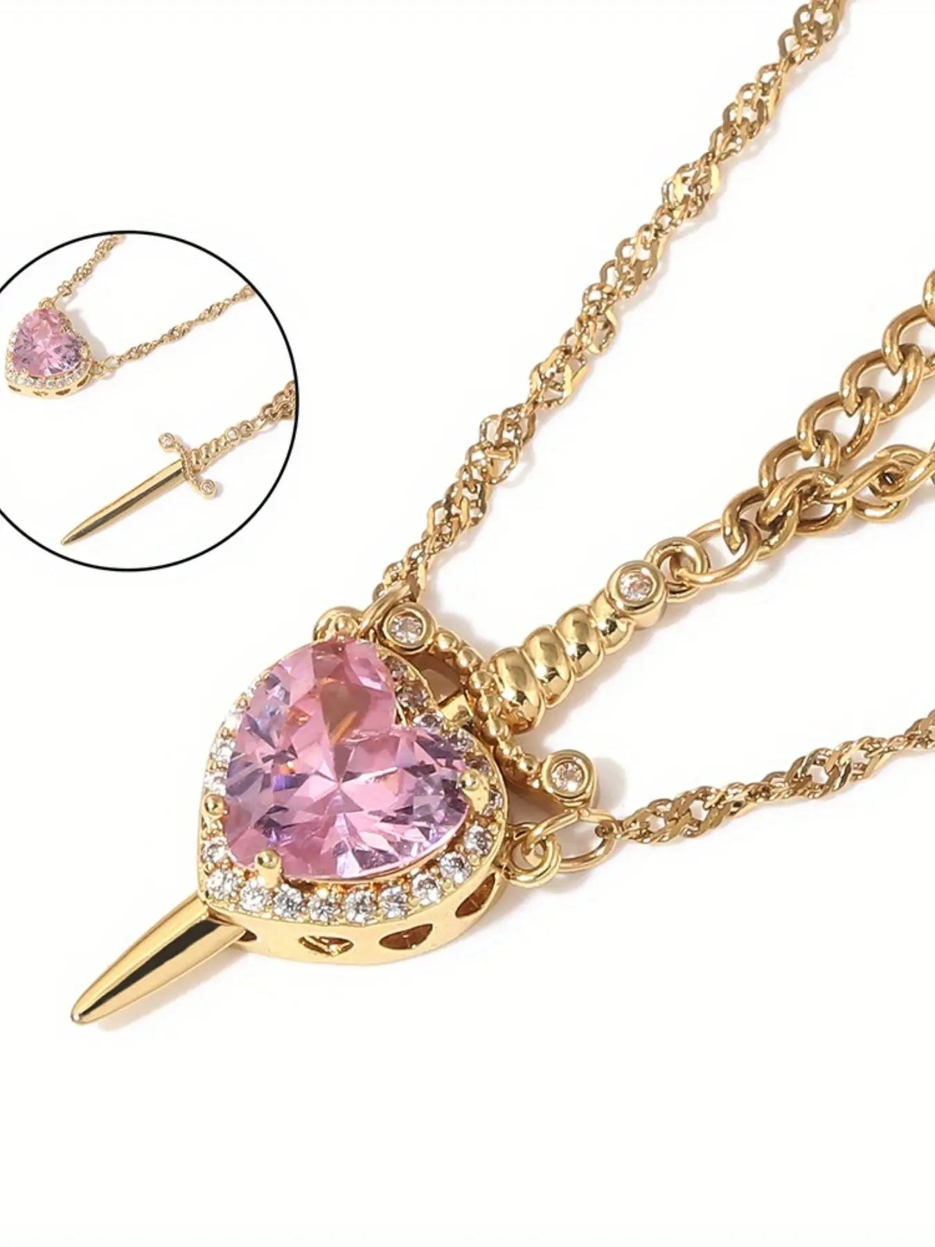 2pcs Heart and Sword Necklace Set, Love Heart Necklace, Unique Couple's Jewelry, Silver Color, Durable Fashion Accessory, Perfect for Weddings & Parties, Includes Rose Box HNXL0015