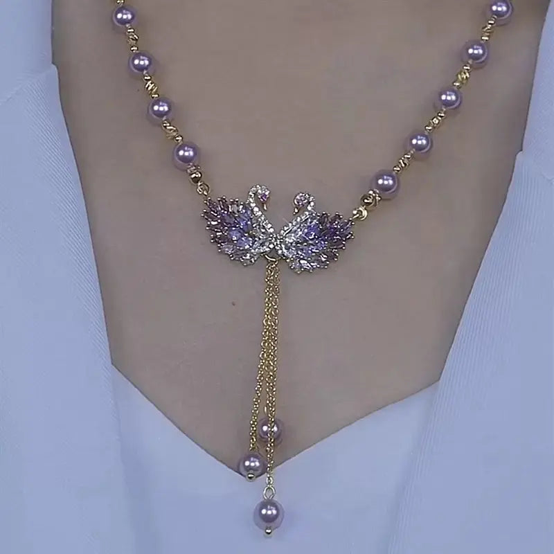 Luxury Purple Swan Necklace, Chic Minimalist Elegant Pendant, Fashion Statement Jewelry, Perfect Accessory for Cheongsam Dress Crystal Sparkling Collarbone Chain HNXL0001