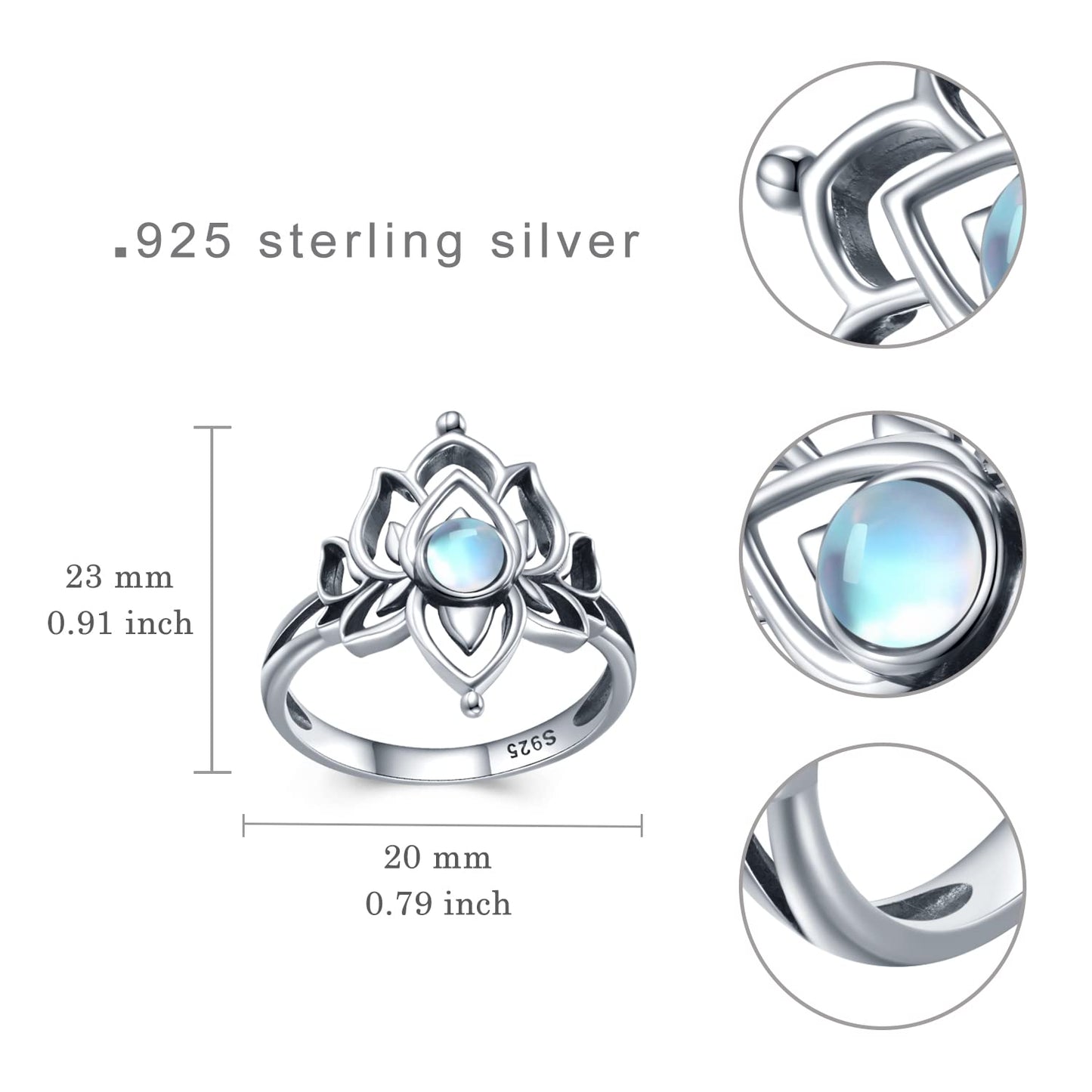 925 Steling Silver Moonstone Lotus Ring, Vintage Spiritual Growth and Enlightenment Jewelry, Symbol of the Goddess Heqet, Pagan Symbol, Synthetic Moonstone Lotus Flower Jewelry Gift for Mom Girlfriend, Mother's day Gift HNJZ0019