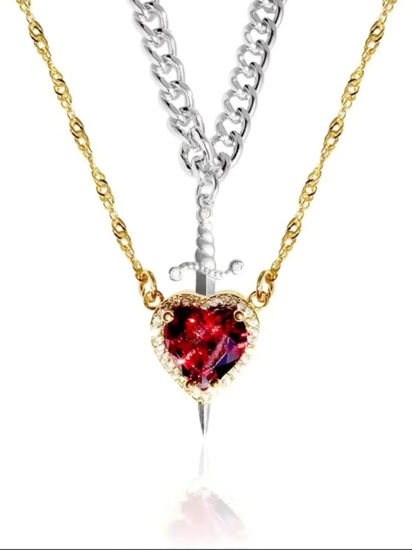 2pcs Heart and Sword Necklace Set, Love Heart Necklace, Unique Couple's Jewelry, Silver Color, Durable Fashion Accessory, Perfect for Weddings & Parties, Includes Rose Box HNXL0015