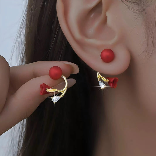 Red Flower Crystal Drop Earrings 14K Gold Plated Stud Earrings Rhinestone Floral Earrings Elegant Sparkling Earrings for Women Fashion Jewelry Gift HNEH0051