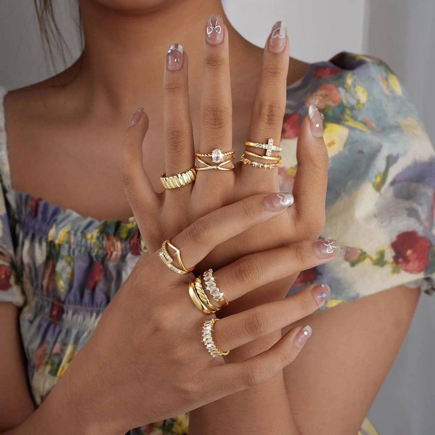 Gold-Tone 12-Piece Ring Set for Women: Versatile Mix & Match Styles with Zircon & Stripped Design - Chic Everyday Jewelry HNJZ0005