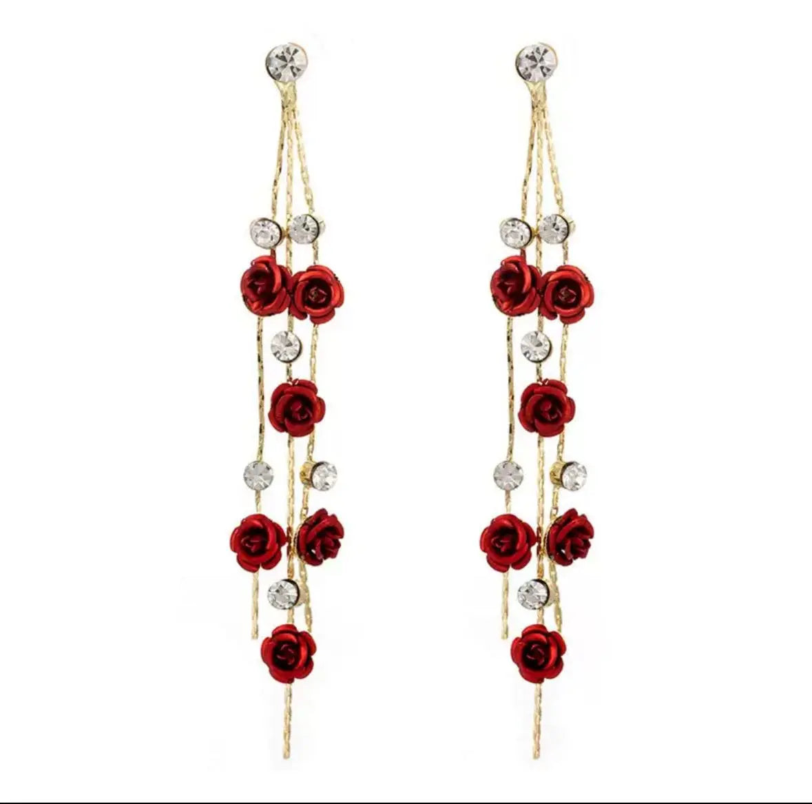 Rose Flower Tassel Earrings, Korean Style Long Dangle Jewelry, Sparkling Rhinestone Floral Stud Earrings for Women HNEH0045