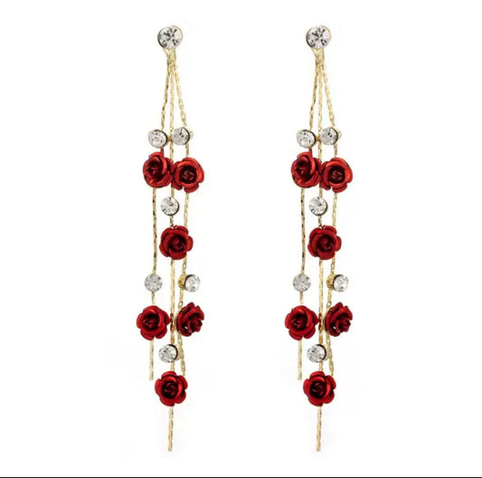 Rose Flower Tassel Earrings, Korean Style Long Dangle Jewelry, Sparkling Rhinestone Floral Stud Earrings for Women HNEH0045