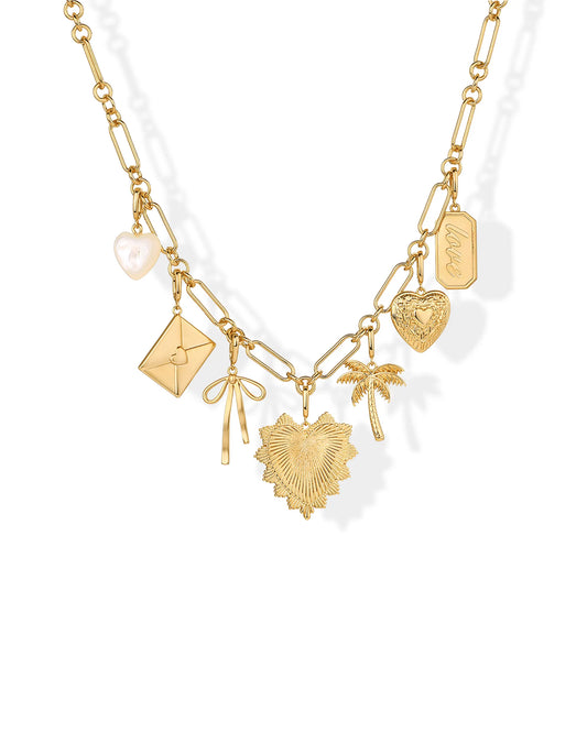 14K Gold Plated Removable Charm Necklace for Women - Adjustable Link Chain Pendant Necklace with Removable Charms -  Trendy Mix & Match Pendants Letter Palm Tree Heart Mother of Pearl Bow Tie Love Tag HNXL0025