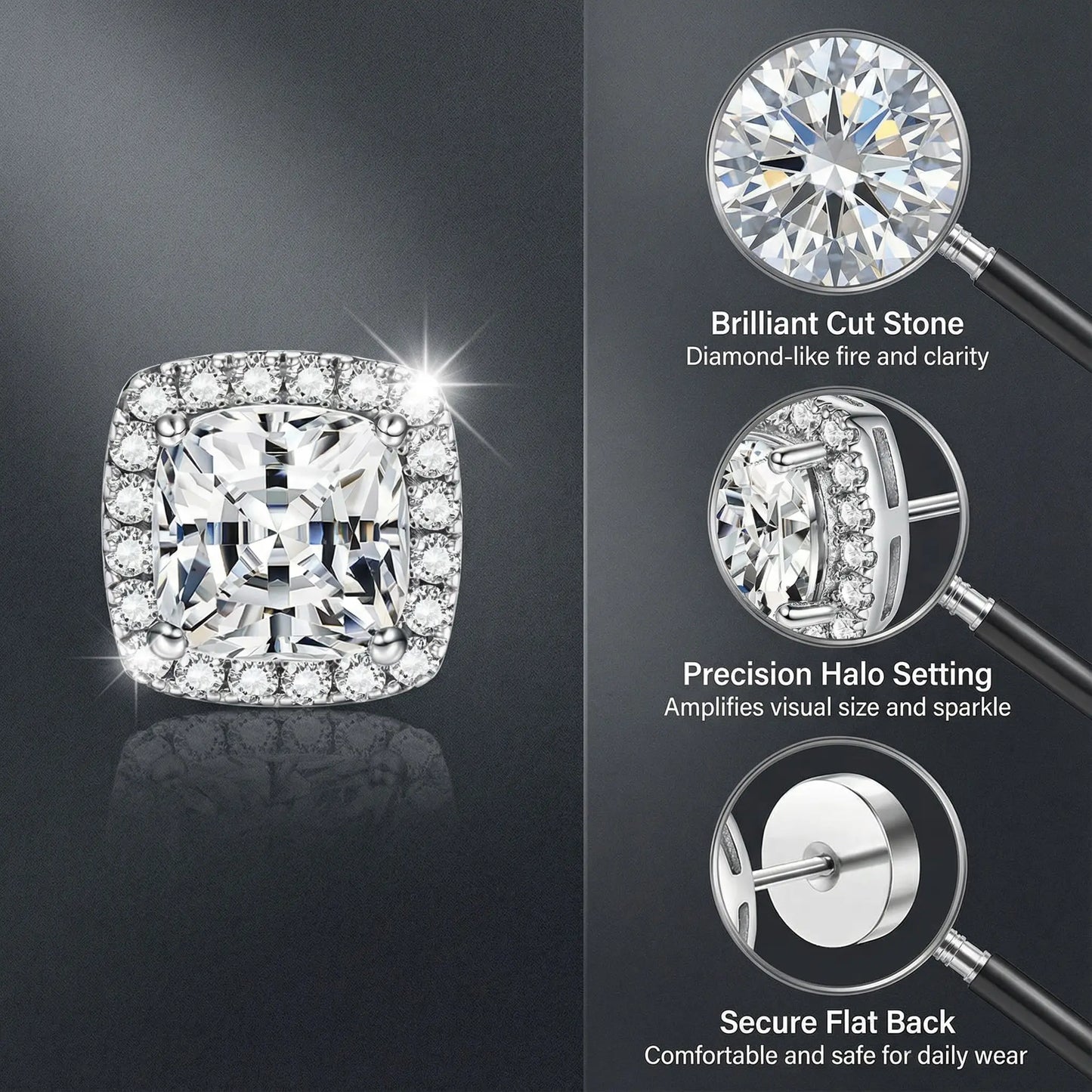 Women's Luxury Halo Zircon Stud Earrings 4-Piece Set - Gold, Silver Round/Square Styles, Low-Sensitivity Copper-Plated Metal Coating, Comfortable Daily Wear, Includes Jewelry Box, Boujee Gifts for Women HNEH0023