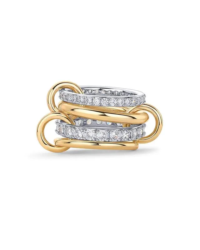Gold  Interlocked Stackable Rings for Women - Statement Multi Ring Mixed Metals Stack - Cubic Zirconia Two-Toned Stacking Jewelry HNJZ0055