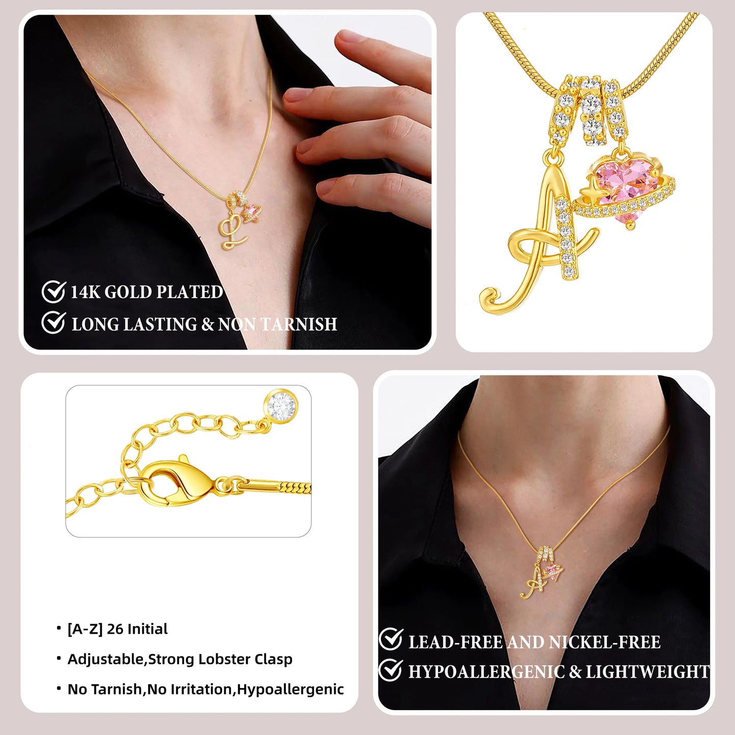 Art-designed personalized name letter necklace, free of allergenic ingredients, with adjustable size. It is an excellent Valentine's Day gift for women and girls HNXL0009