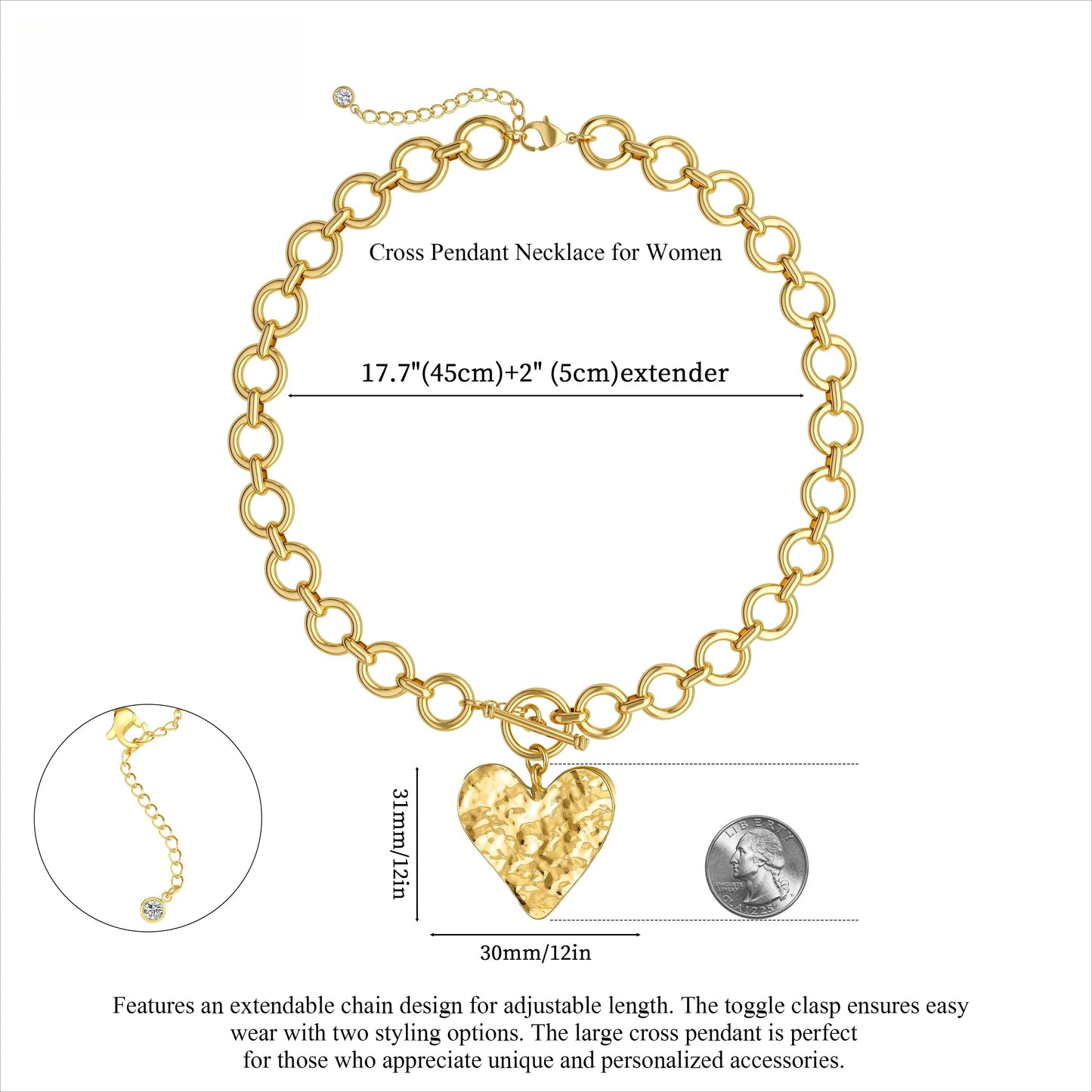Gold Paperclip O-Link Chain Hammered Heart Pendant OT Clasp Necklace for Women For Valentine's Day Gift HNXL0013