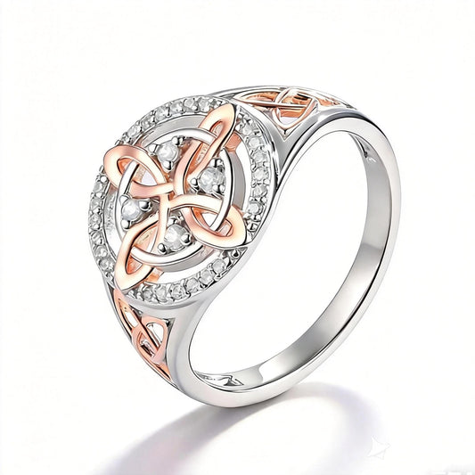 Rose Gold Plated Witch’s Knot Ring, Original Celtic Knot Jewelry, Cubic Zirconia Decorated Witch Knot Ring, Witchtok Pagan Jewelry for Devotion and Protection, Valentine’s Day Gift HNJZ0022