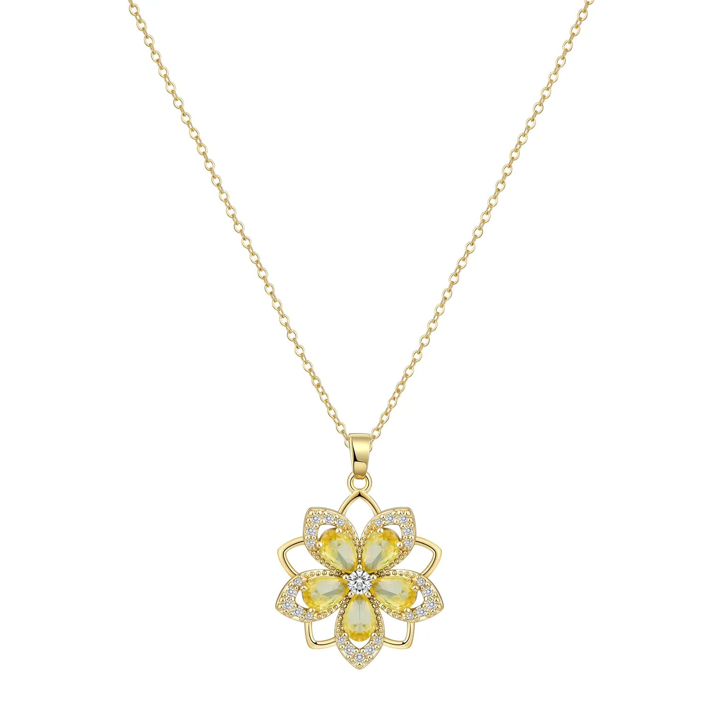 Birthstone Flower Necklace for Women 14K Gold Plated Dainty Decompression Necklace Rotatable Crystal Silver Blossom Pendant Necklaces Adjustable Spinning Fidget Necklaces Redbud Flower Choker Funny Summer Jewelry Gift for Women HNXL0023